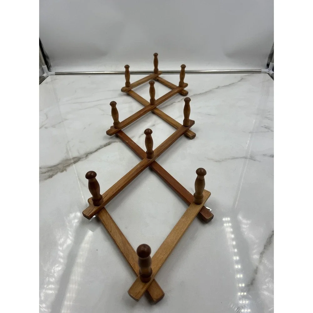 VTG Wood Accordion Wall Rack Expandable 10 Peg Hat Coat Mug Rack Natural Wood